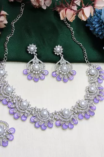 Purple rhodium premium designer american diamond and stone work necklace set