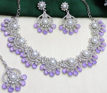 Purple rhodium premium designer american diamond and stone work necklace set 3