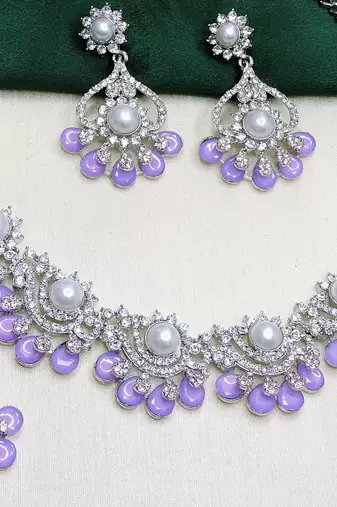 Purple rhodium premium designer american diamond and stone work necklace set