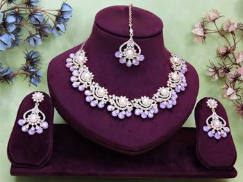 Purple rose gold premium designer american diamond and stone work necklace set 1