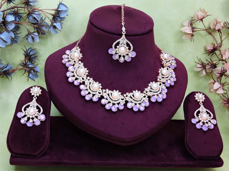 Purple rose gold premium designer american diamond and stone work necklace set