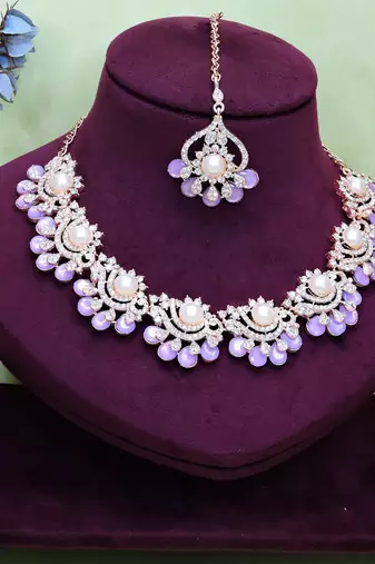 Purple rose gold premium designer american diamond and stone work necklace set