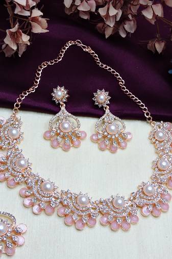 Pink rose gold premium designer american diamond and stone work necklace set