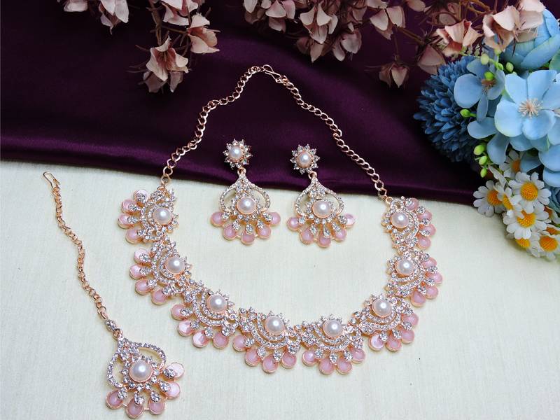 Pink rose gold premium designer american diamond and stone work necklace set