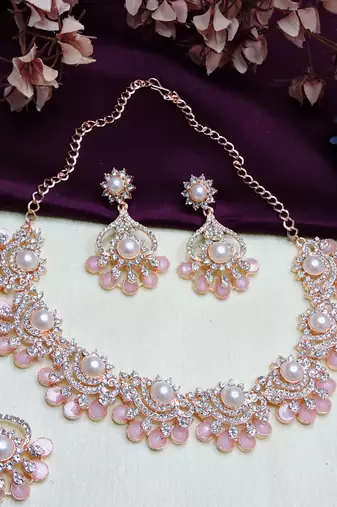 Pink rose gold premium designer american diamond and stone work necklace set
