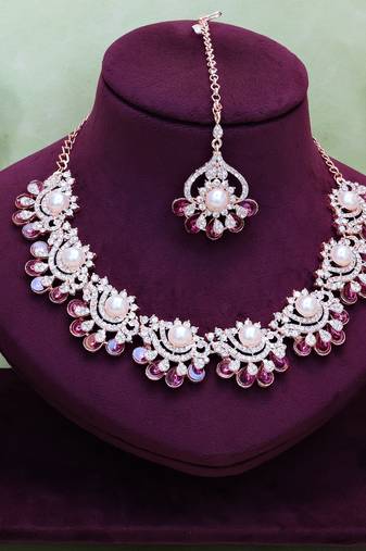 Purple rose gold premium designer american diamond and stone work necklace set