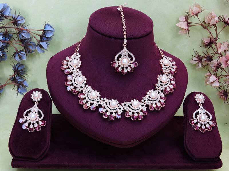 Purple rose gold premium designer american diamond and stone work necklace set