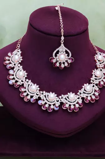 Purple rose gold premium designer american diamond and stone work necklace set