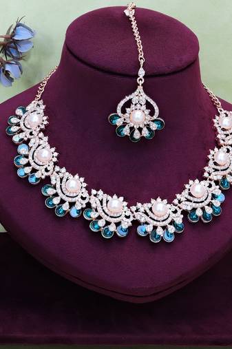 Blue rose gold premium designer american diamond and stone work necklace set