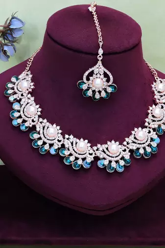 Blue rose gold premium designer american diamond and stone work necklace set