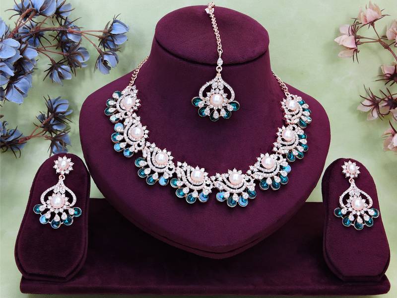 Blue rose gold premium designer american diamond and stone work necklace set