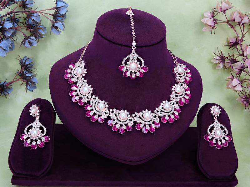 Pink rose gold premium designer american diamond and stone work necklace set