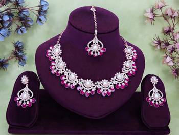 Pink rose gold premium designer american diamond and stone work necklace set 2