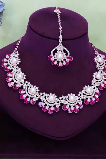 Pink rose gold premium designer american diamond and stone work necklace set