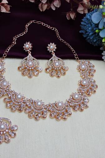 White rose gold premium designer american diamond and stone work necklace set