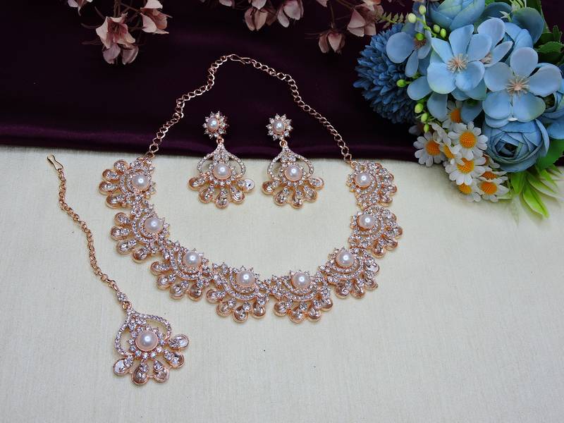 White rose gold premium designer american diamond and stone work necklace set
