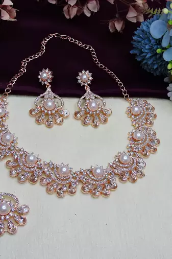 White rose gold premium designer american diamond and stone work necklace set