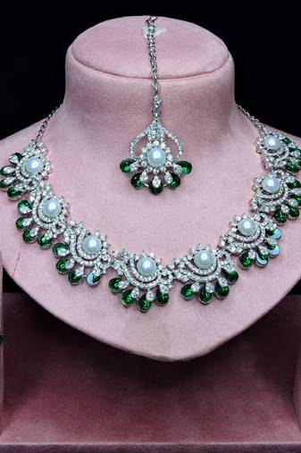 Green rhodium premium designer american diamond and stone work necklace set