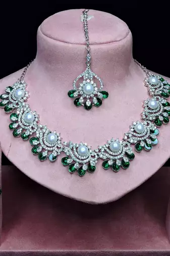 Green rhodium premium designer american diamond and stone work necklace set