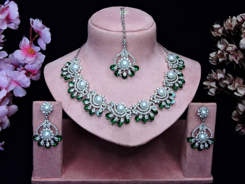 Green rhodium premium designer american diamond and stone work necklace set