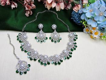 Green rhodium premium designer american diamond and stone work necklace set 2