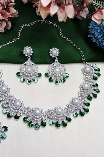 Green rhodium premium designer american diamond and stone work necklace set