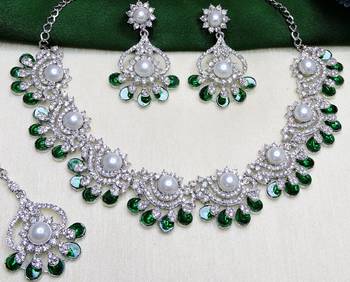Green rhodium premium designer american diamond and stone work necklace set 3