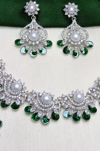 Green rhodium premium designer american diamond and stone work necklace set