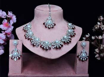 Maroon rhodium premium designer american diamond and stone work necklace set 1