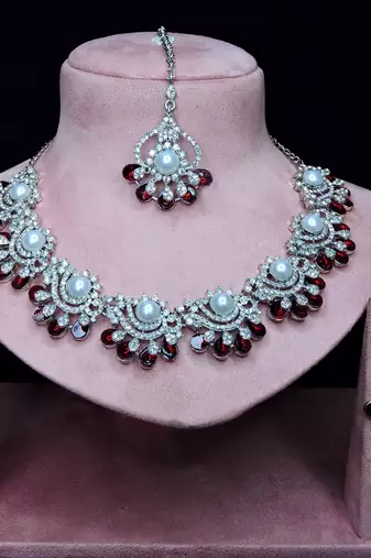 Maroon rhodium premium designer american diamond and stone work necklace set