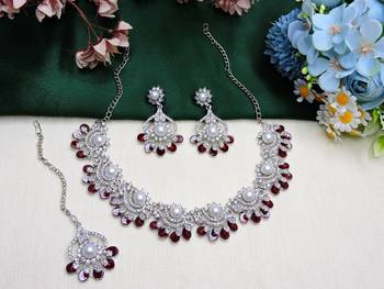Maroon rhodium premium designer american diamond and stone work necklace set 2