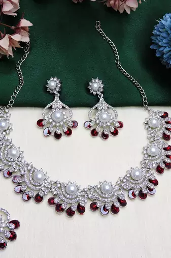 Maroon rhodium premium designer american diamond and stone work necklace set