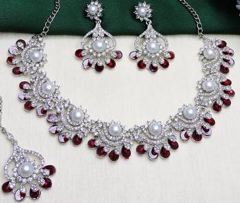 Maroon rhodium premium designer american diamond and stone work necklace set 3