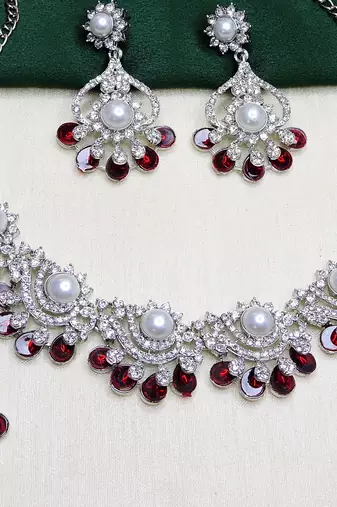 Maroon rhodium premium designer american diamond and stone work necklace set