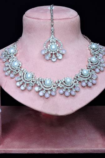 Pink rhodium premium designer american diamond and stone work necklace set
