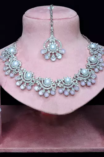 Pink rhodium premium designer american diamond and stone work necklace set