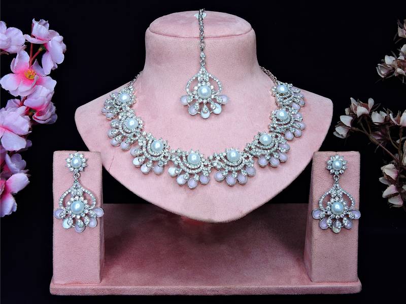 Pink rhodium premium designer american diamond and stone work necklace set