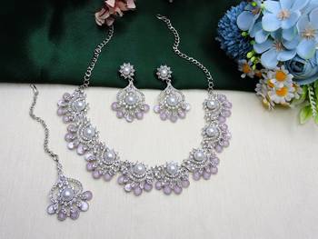 Pink rhodium premium designer american diamond and stone work necklace set 2