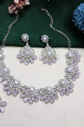Pink rhodium premium designer american diamond and stone work necklace set