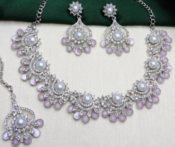Pink rhodium premium designer american diamond and stone work necklace set 3