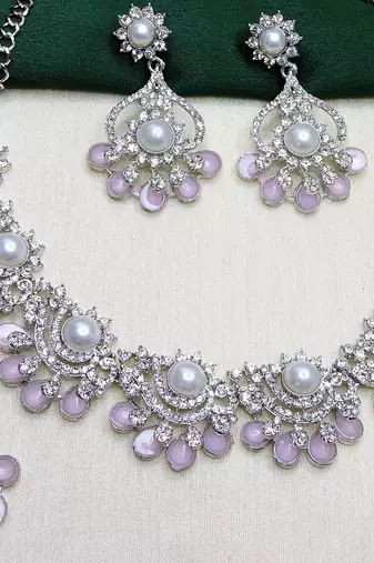 Pink rhodium premium designer american diamond and stone work necklace set