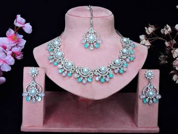Green rhodium premium designer american diamond and stone work necklace set 1
