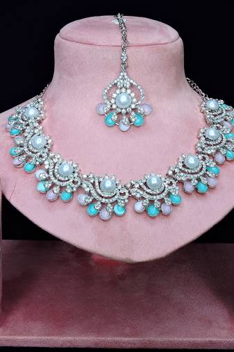 Green rhodium premium designer american diamond and stone work necklace set