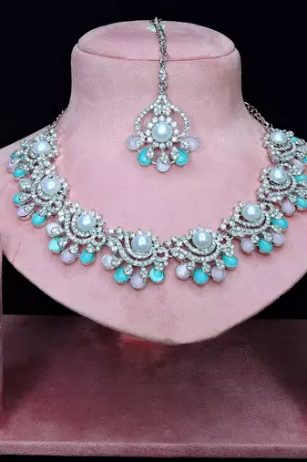 Green rhodium premium designer american diamond and stone work necklace set