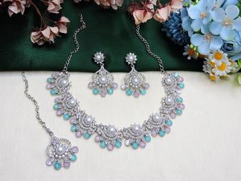 Green rhodium premium designer american diamond and stone work necklace set 2