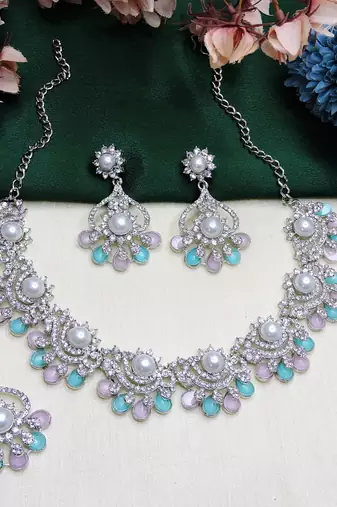 Green rhodium premium designer american diamond and stone work necklace set