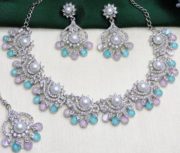 Green rhodium premium designer american diamond and stone work necklace set 3