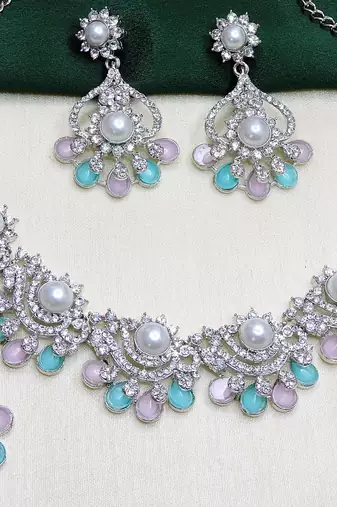 Green rhodium premium designer american diamond and stone work necklace set