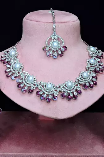 Purple rhodium premium designer american diamond and stone work necklace set