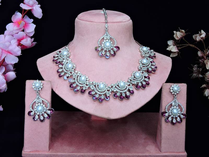 Purple rhodium premium designer american diamond and stone work necklace set